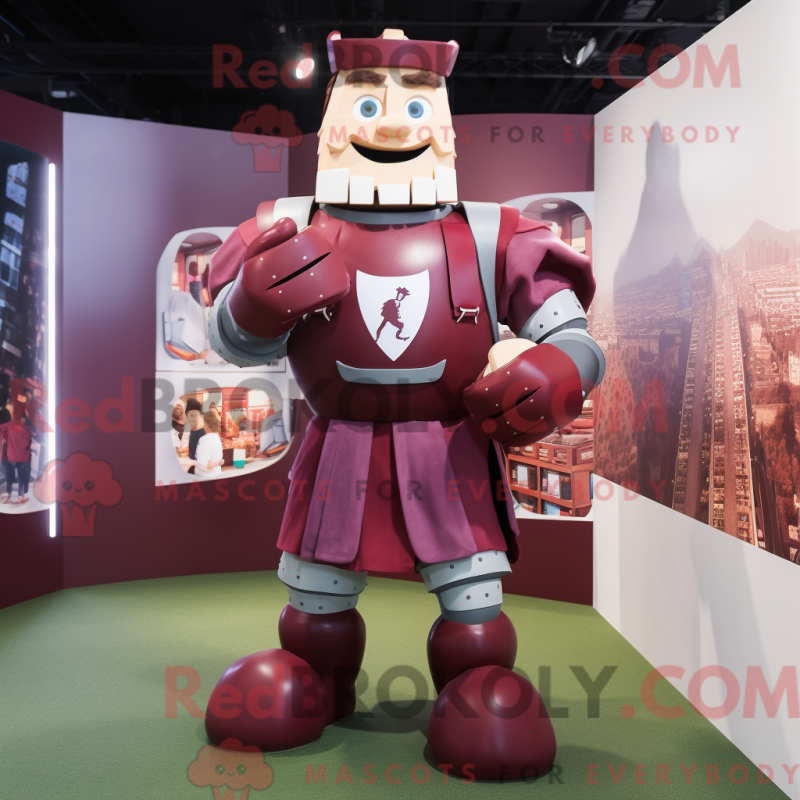 Mascot character of a Maroon Medieval Knight dressed with a Rugby Shirt and Suspenders Mascot character of a Maroon Medieval Knight dressed with a Rugby Shirt and Suspenders