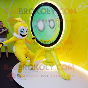 Lemon Yellow Contortionist mascot costume character dressed with a Bikini and Digital watches