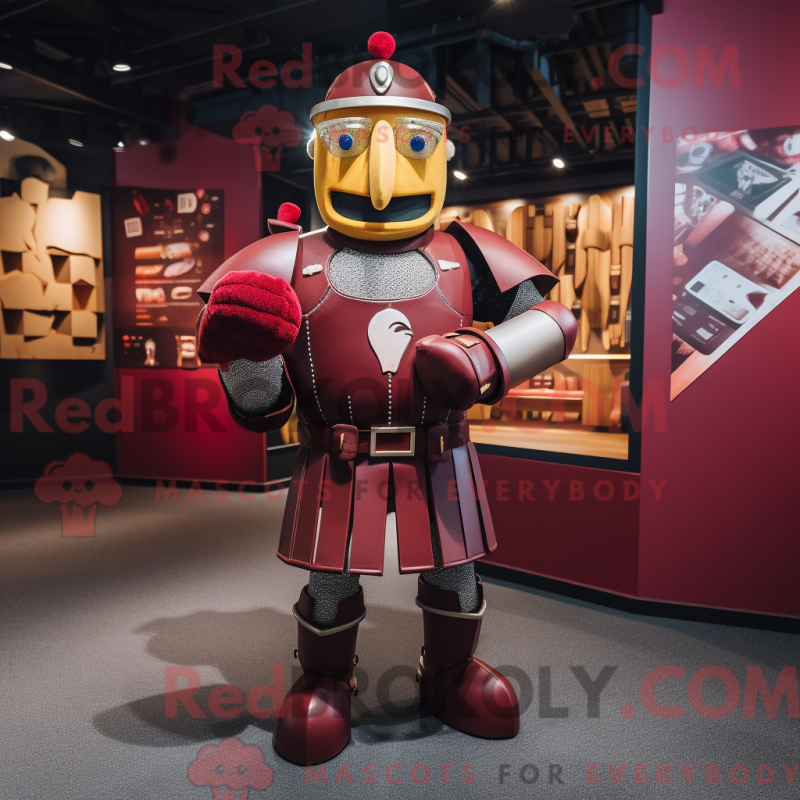 Mascot character of a Maroon Medieval Knight dressed with a Rugby Shirt and Suspenders Mascot character of a Maroon Medieval Knight dressed with a Rugby Shirt and Suspenders
