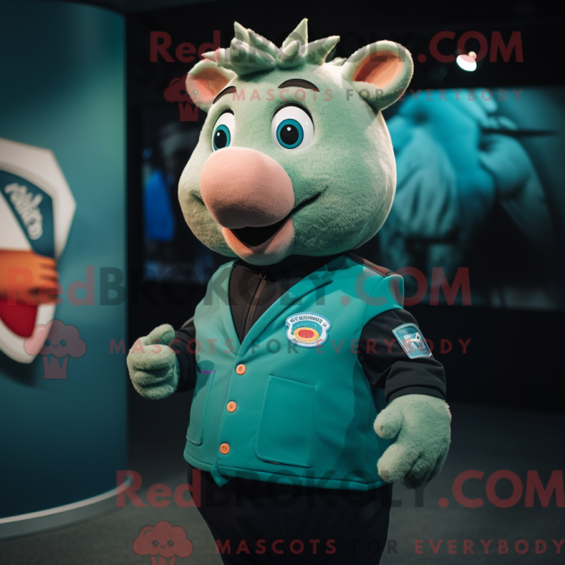 Mascot character of a Teal Sow dressed with a Vest and Lapel pins Mascot character of a Teal Sow dressed with a Vest and Lapel pins