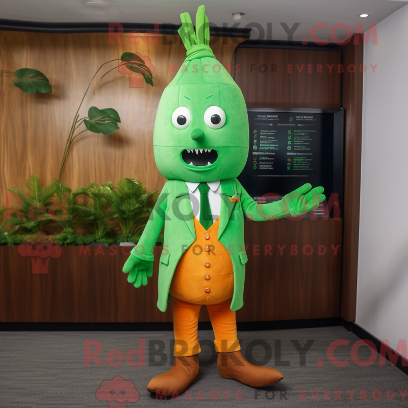 Mascot character of a Green Carrot dressed with a Culottes and Pocket squares Mascot character of a Green Carrot dressed with a Culottes and Pocket squares