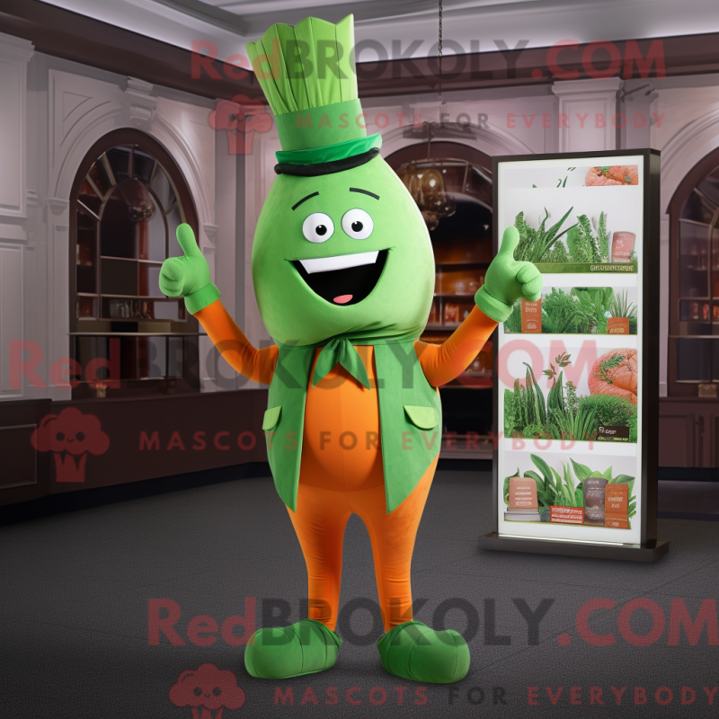 Mascot character of a Green Carrot dressed with a Culottes and Pocket squares Mascot character of a Green Carrot dressed with a Culottes and Pocket squares