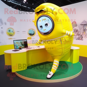 Lemon Yellow Contortionist mascot costume character dressed with a Bikini and Digital watches