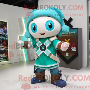 Mascot character of a Turquoise Celtic Cross dressed with a Tank Top and Smartwatches
