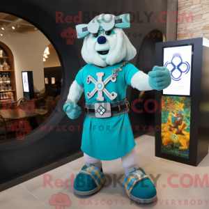 Mascot character of a Turquoise Celtic Cross dressed with a Tank Top and Smartwatches