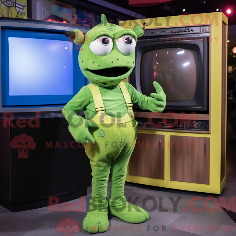 Mascot character of a Lime Green Television dressed with a Dungarees and Bow ties Mascot character of a Lime Green Television dressed with a Dungarees and Bow ties