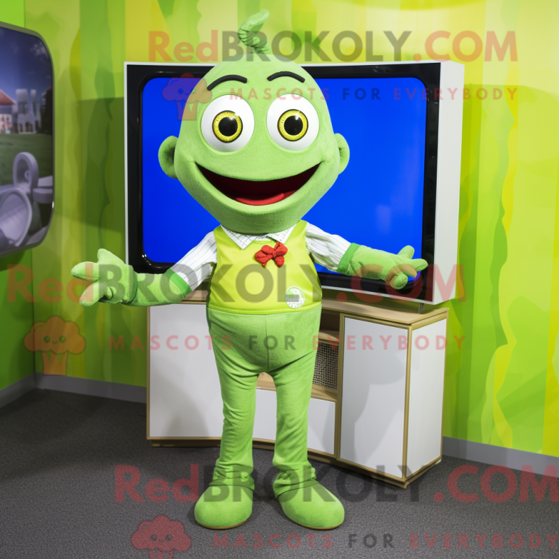 Mascot character of a Lime Green Television dressed with a Dungarees and Bow ties Mascot character of a Lime Green Television dressed with a Dungarees and Bow ties