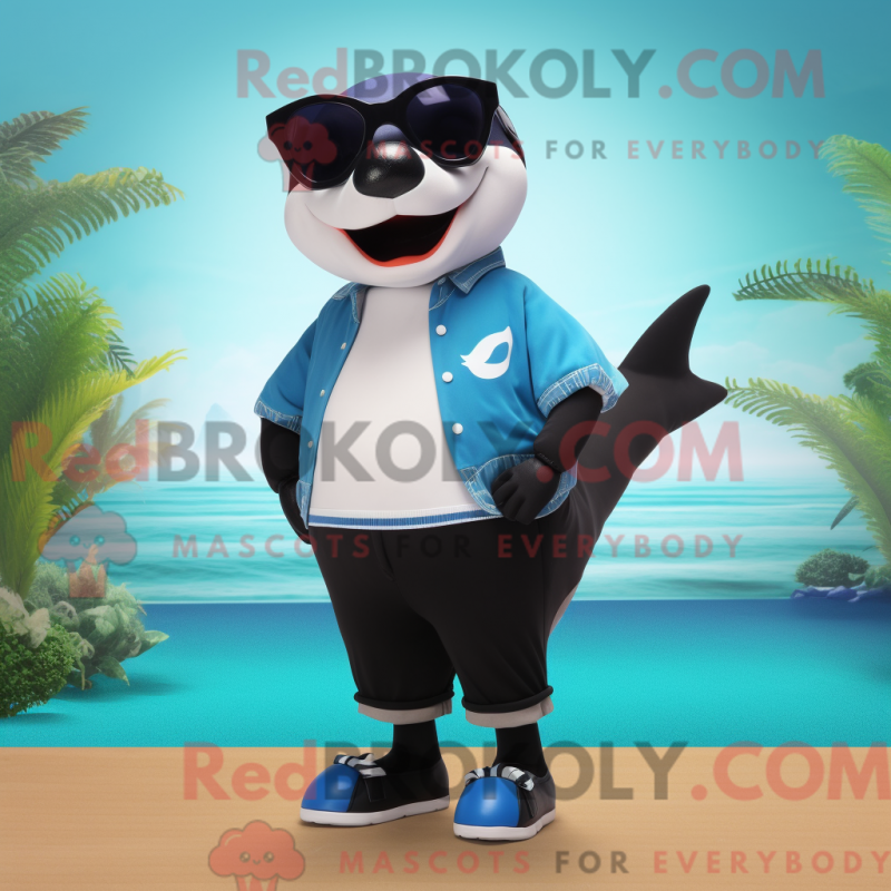 Mascot character of a Navy Killer Whale dressed with a Bermuda Shorts and Eyeglasses Mascot character of a Navy Killer Whale dressed with a Bermuda Shorts and Eyeglasses