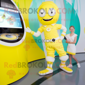 Lemon Yellow Contortionist mascot costume character dressed with a Bikini and Digital watches