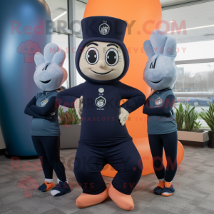 Navy Apricot mascot costume character dressed with a Yoga Pants and Beanies