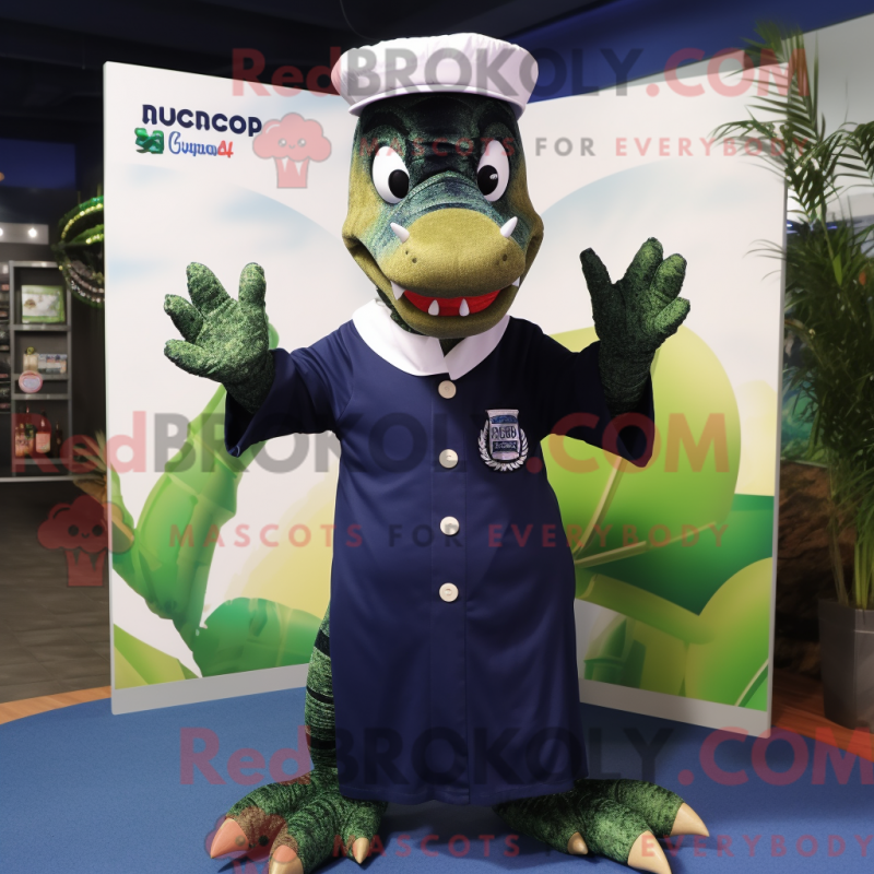 Mascot character of a Navy Crocodile dressed with a Maxi Dress and Beanies Mascot character of a Navy Crocodile dressed with a Maxi Dress and Beanies