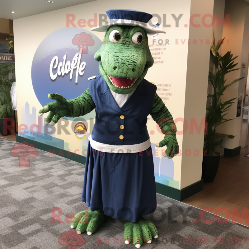 Mascot character of a Navy Crocodile dressed with a Maxi Dress and Beanies Mascot character of a Navy Crocodile dressed with a Maxi Dress and Beanies