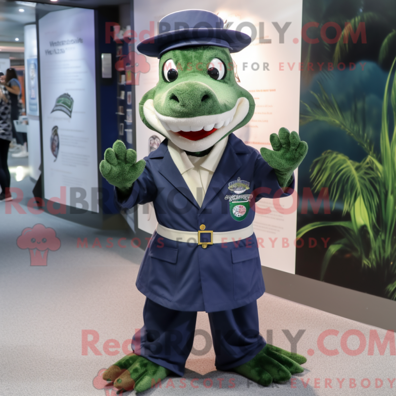 Mascot character of a Navy Crocodile dressed with a Maxi Dress and Beanies Mascot character of a Navy Crocodile dressed with a Maxi Dress and Beanies