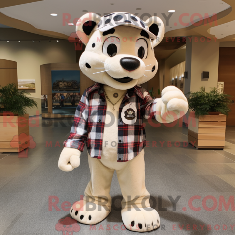 Mascot character of a Cream Panther dressed with a Flannel Shirt and Wallets Mascot character of a Cream Panther dressed with a Flannel Shirt and Wallets