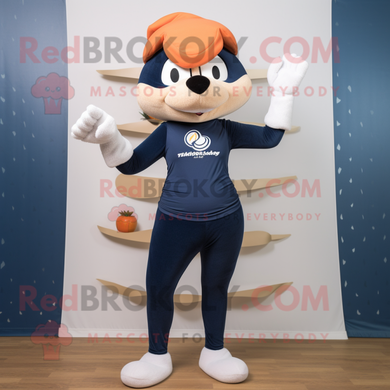Navy Apricot mascot costume character dressed with a Yoga Pants and Beanies Navy Apricot mascot costume character dressed with a Yoga Pants and Beanies