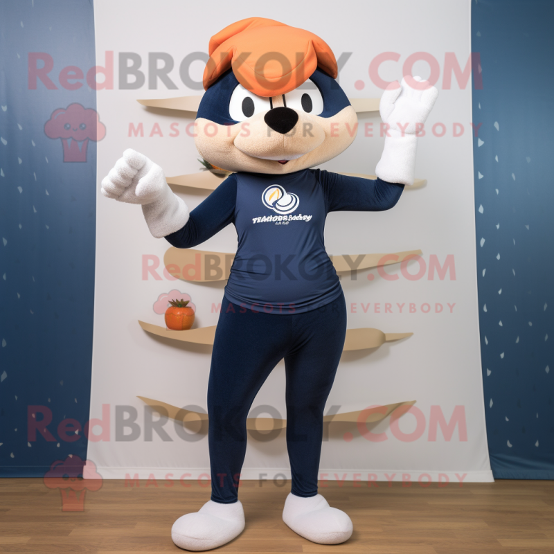 Navy Apricot mascot costume character dressed with a Yoga Pants and Beanies