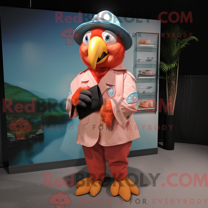 Mascot character of a Peach Macaw dressed with a Dress Shirt and Hat pins Mascot character of a Peach Macaw dressed with a Dress Shirt and Hat pins