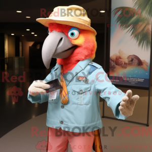 Mascot character of a Peach Macaw dressed with a Dress Shirt and Hat pins
