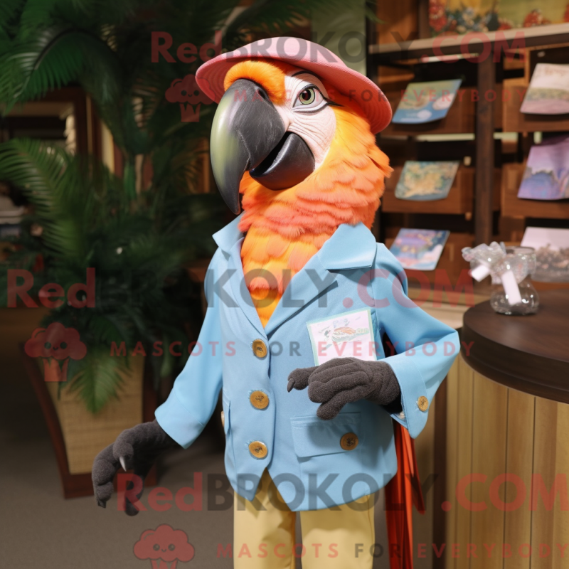 Mascot character of a Peach Macaw dressed with a Dress Shirt and Hat pins Mascot character of a Peach Macaw dressed with a Dress Shirt and Hat pins