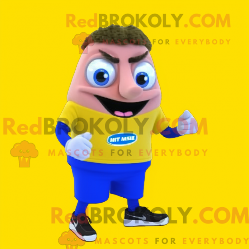 Mascot character of a Lemon Yellow Moussaka dressed with a Running Shorts and Digital watches Mascot character of a Lemon Yellow Moussaka dressed with a Running Shorts and Digital watches