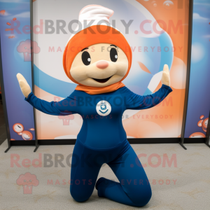 Navy Apricot mascot costume character dressed with a Yoga Pants and Beanies