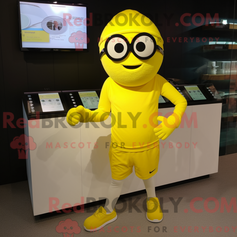 Mascot character of a Lemon Yellow Moussaka dressed with a Running Shorts and Digital watches Mascot character of a Lemon Yellow Moussaka dressed with a Running Shorts and Digital watches