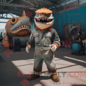 Mascot character of a Rust Megalodon dressed with a Jumpsuit and Headbands