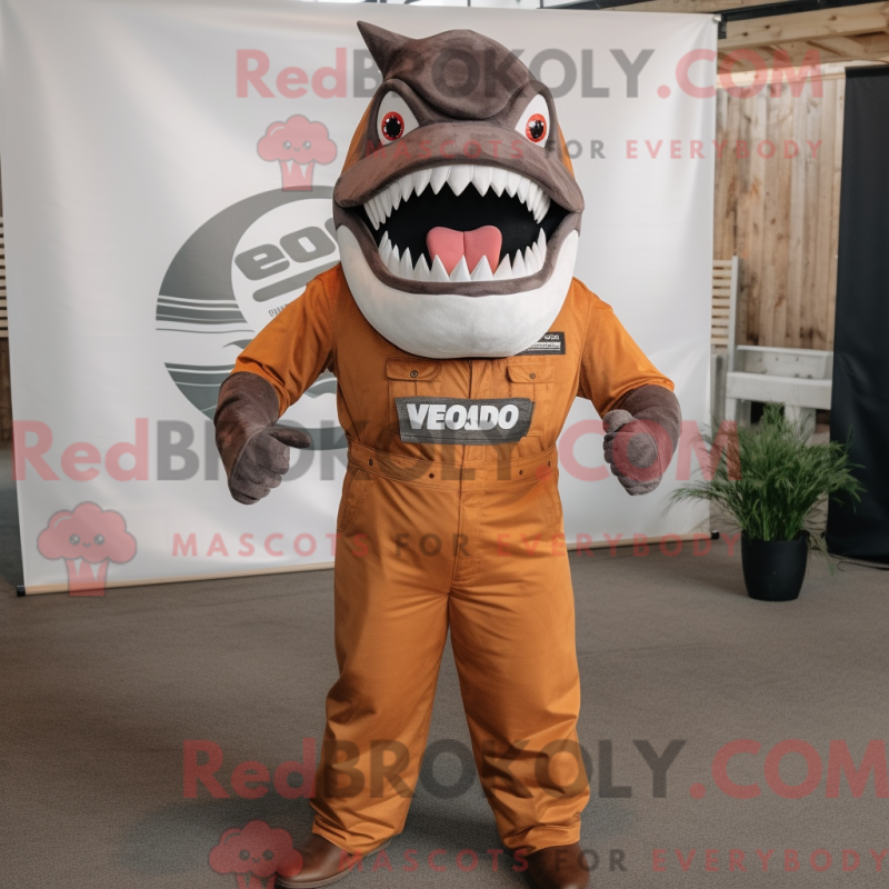 Mascot character of a Rust Megalodon dressed with a Jumpsuit and Headbands Mascot character of a Rust Megalodon dressed with a Jumpsuit and Headbands