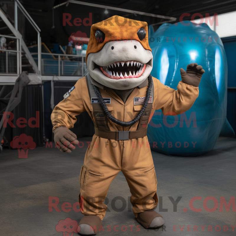 Mascot character of a Rust Megalodon dressed with a Jumpsuit and Headbands Mascot character of a Rust Megalodon dressed with a Jumpsuit and Headbands