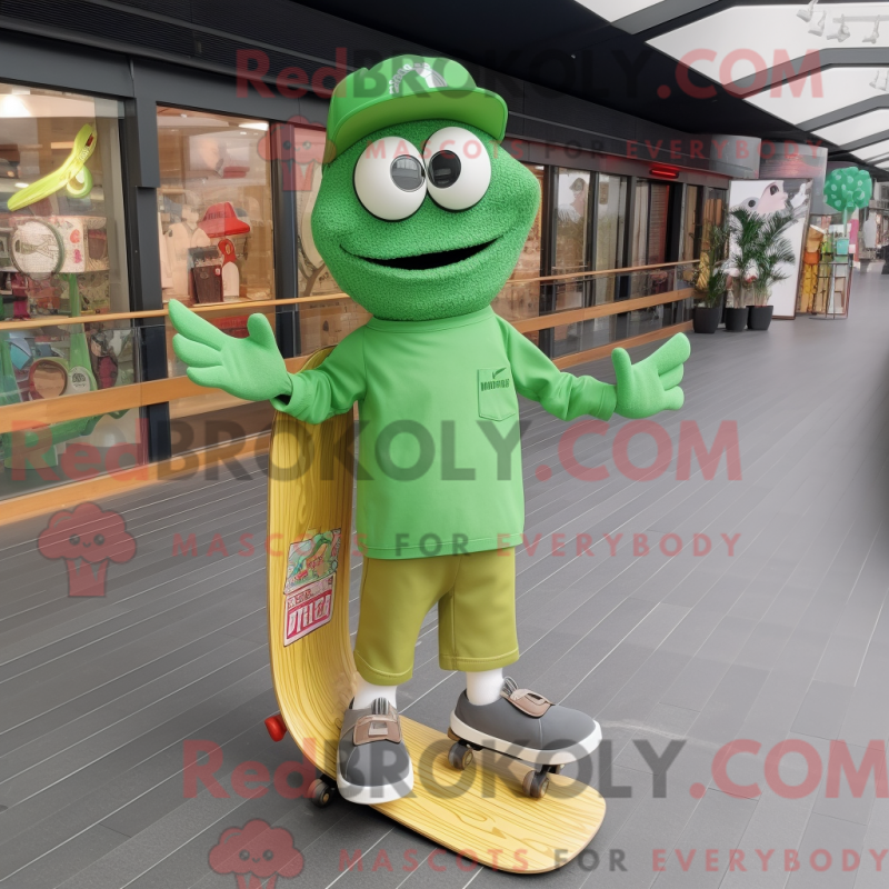 Mascot character of a Green Skateboard dressed with a Trousers and Tote bags Mascot character of a Green Skateboard dressed with a Trousers and Tote bags