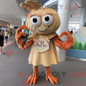 Mascot character of a Tan Crab dressed with a Shift Dress and Brooches