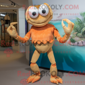 Mascot character of a Tan Crab dressed with a Shift Dress and Brooches