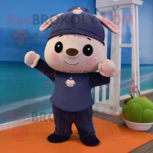 Navy Apricot mascot costume character dressed with a Yoga Pants and Beanies