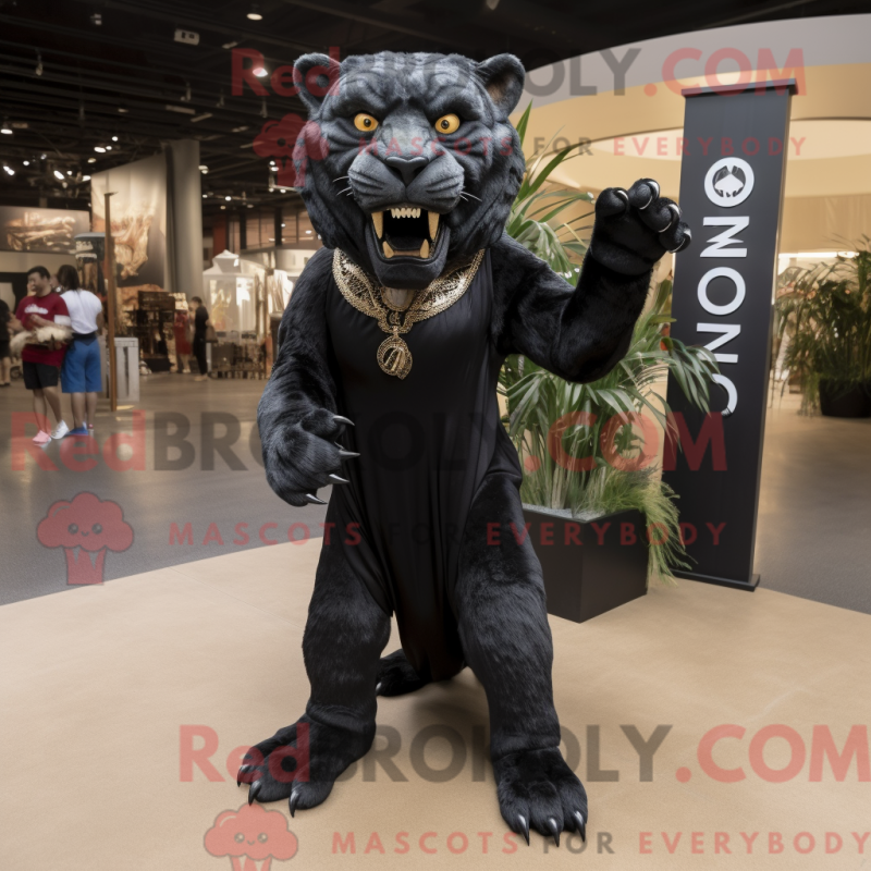 Mascot character of a Black Smilodon dressed with a Evening Gown and Anklets Mascot character of a Black Smilodon dressed with a Evening Gown and Anklets