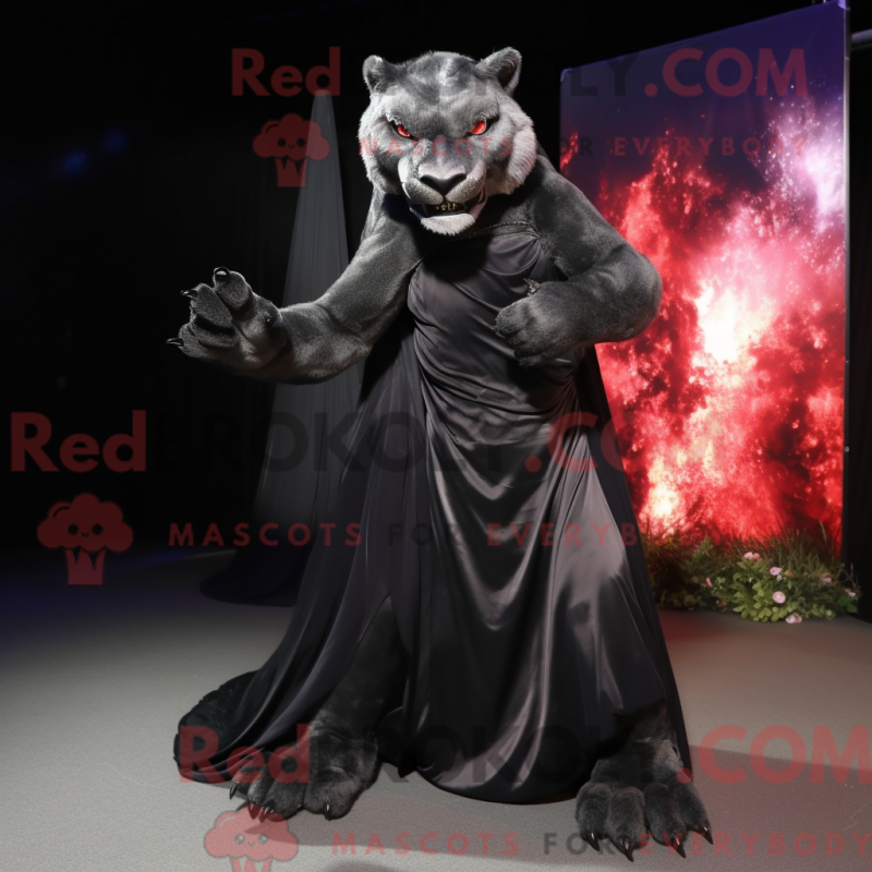 Mascot character of a Black Smilodon dressed with a Evening Gown and Anklets Mascot character of a Black Smilodon dressed with a Evening Gown and Anklets