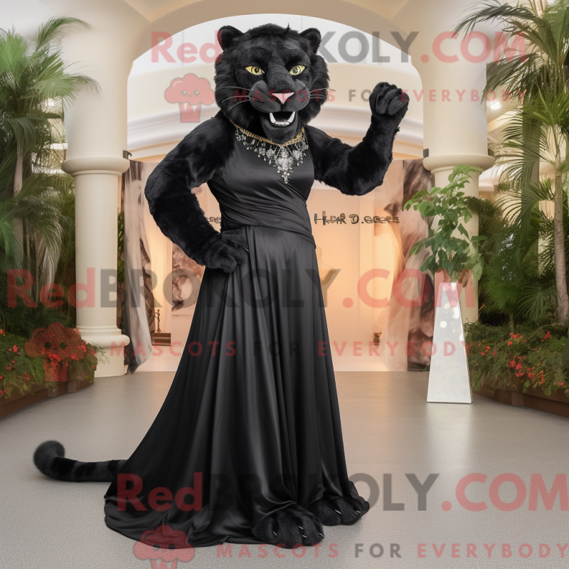 Mascot character of a Black Smilodon dressed with a Evening Gown and Anklets Mascot character of a Black Smilodon dressed with a Evening Gown and Anklets