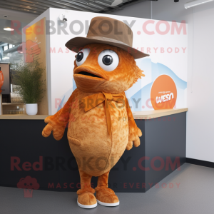 Rust Fish And Chips mascot costume character dressed with a Waistcoat and Hat pins