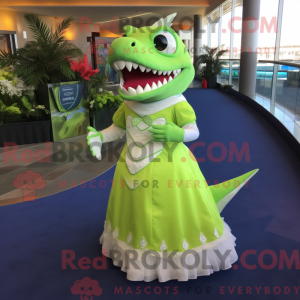 Mascot character of a Lime Green Shark dressed with a Wedding Dress and Gloves