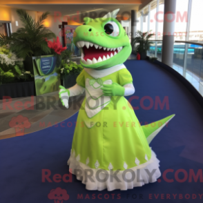 Mascot character of a Lime Green Shark dressed with a Wedding Dress and Gloves
