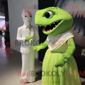 Mascot character of a Lime Green Shark dressed with a Wedding Dress and Gloves