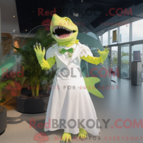 Mascot character of a Lime Green Shark dressed with a Wedding Dress and Gloves