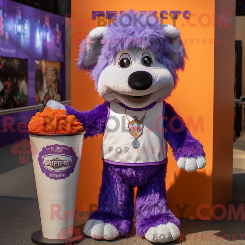 Mascot character of a Purple Shepard'S Pie dressed with a Button-Up Shirt and Earrings Mascot character of a Purple Shepard'S Pie dressed with a Button-Up Shirt and Earrings