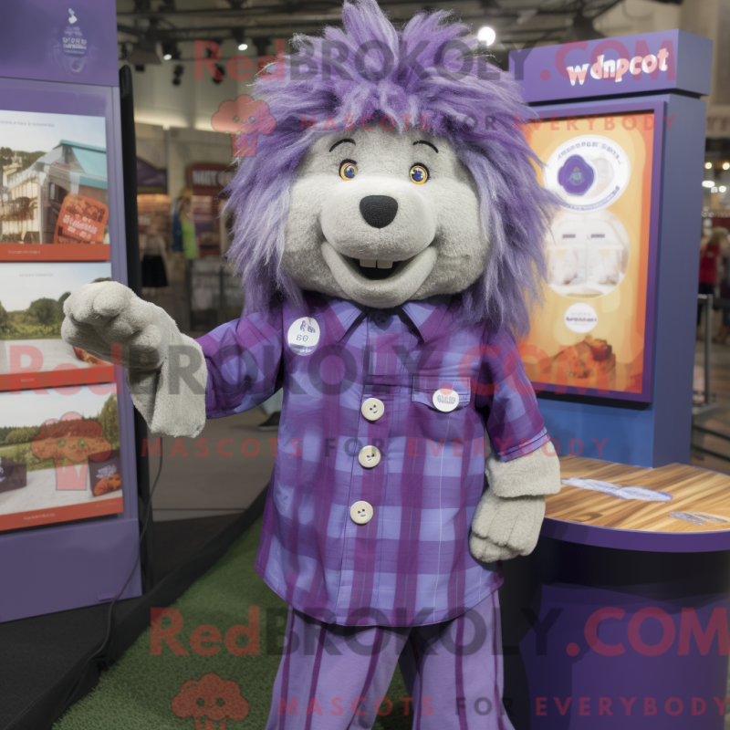 Mascot character of a Purple Shepard'S Pie dressed with a Button-Up Shirt and Earrings Mascot character of a Purple Shepard'S Pie dressed with a Button-Up Shirt and Earrings