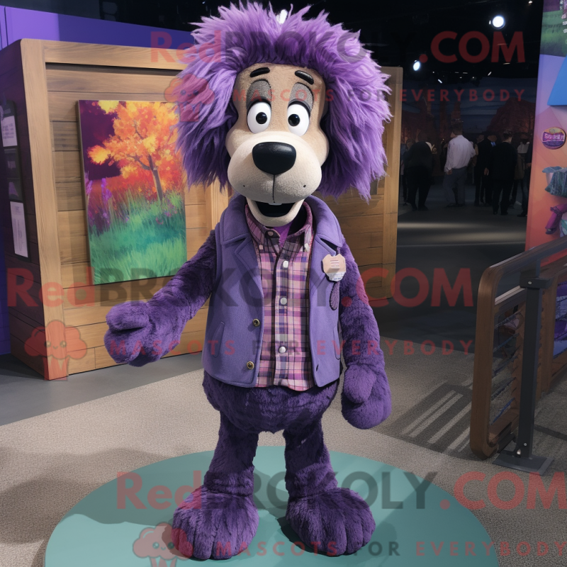 Mascot character of a Purple Shepard'S Pie dressed with a Button-Up Shirt and Earrings Mascot character of a Purple Shepard'S Pie dressed with a Button-Up Shirt and Earrings