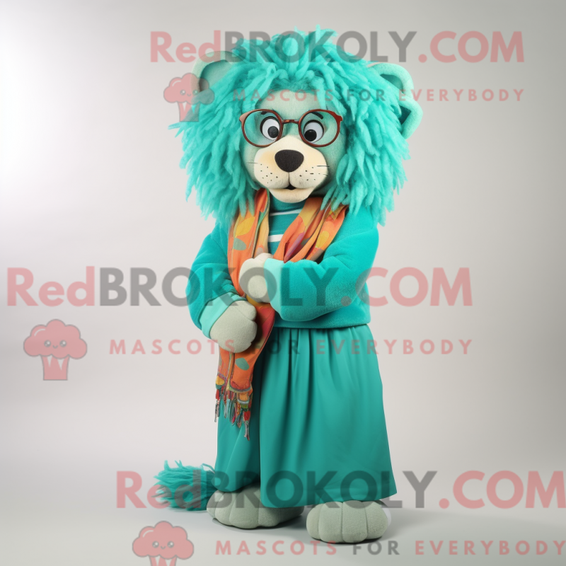 Mascot character of a Turquoise Lion dressed with a Maxi Dress and Eyeglasses Mascot character of a Turquoise Lion dressed with a Maxi Dress and Eyeglasses
