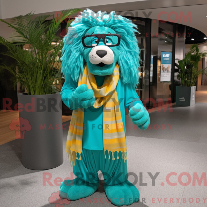 Mascot character of a Turquoise Lion dressed with a Maxi Dress and Eyeglasses Mascot character of a Turquoise Lion dressed with a Maxi Dress and Eyeglasses