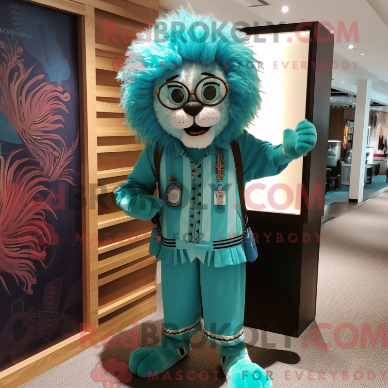 Mascot character of a Turquoise Lion dressed with a Maxi Dress and Eyeglasses Mascot character of a Turquoise Lion dressed with a Maxi Dress and Eyeglasses