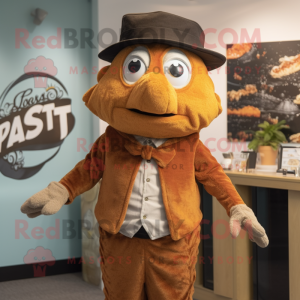 Rust Fish And Chips mascot costume character dressed with a Waistcoat and Hat pins