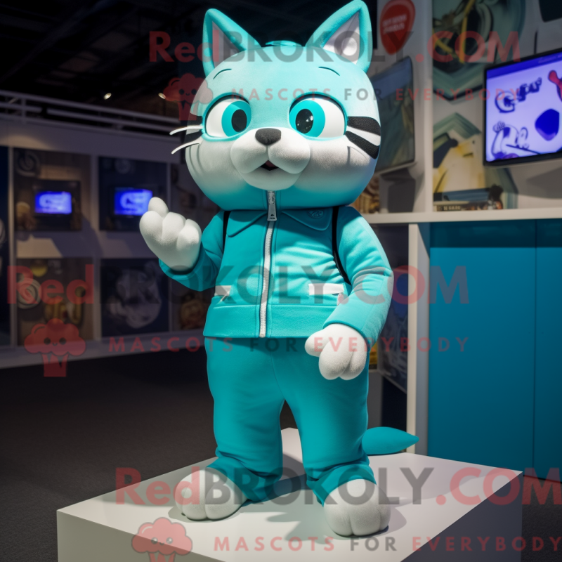 Mascot character of a Cyan Cat dressed with a Tank Top and Lapel pins Mascot character of a Cyan Cat dressed with a Tank Top and Lapel pins