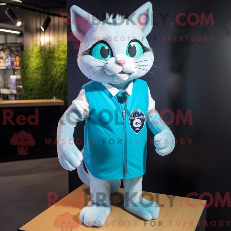 Mascot character of a Cyan Cat dressed with a Tank Top and Lapel pins Mascot character of a Cyan Cat dressed with a Tank Top and Lapel pins